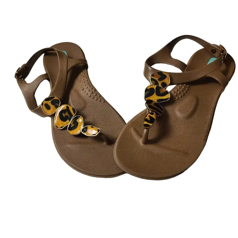 OkaB Leopold Button Sandals Brown Animal Print Ankle Strap Flats Arch Support 6